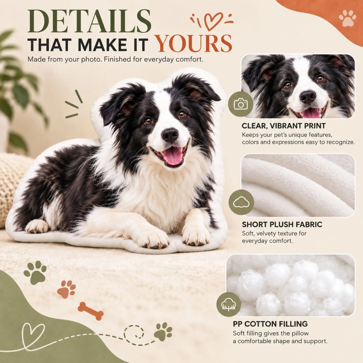 Custom pet pillow details showing vibrant printing, soft polyester fabric, hidden zipper and PP cotton filling