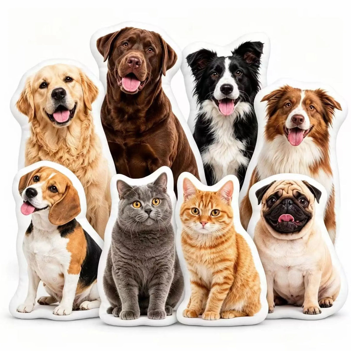 Custom pet pillows made from personalized dog and cat photos in different shapes
