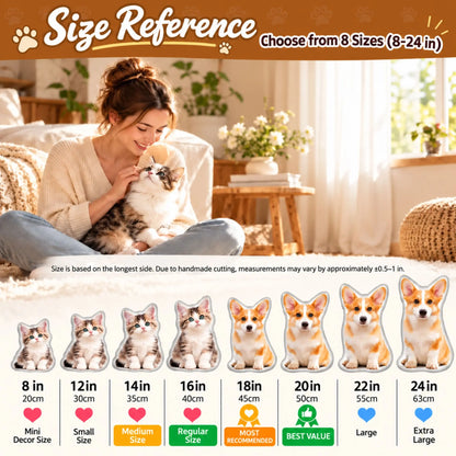 Custom pet pillow size guide showing 8, 12, 14, 16, 18, 20, 24 inch options
