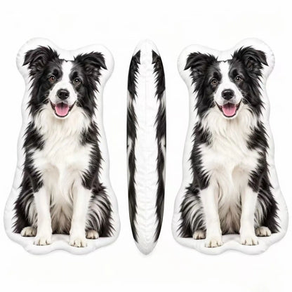 Custom shaped Border Collie pet pillow shown from the front, side and back