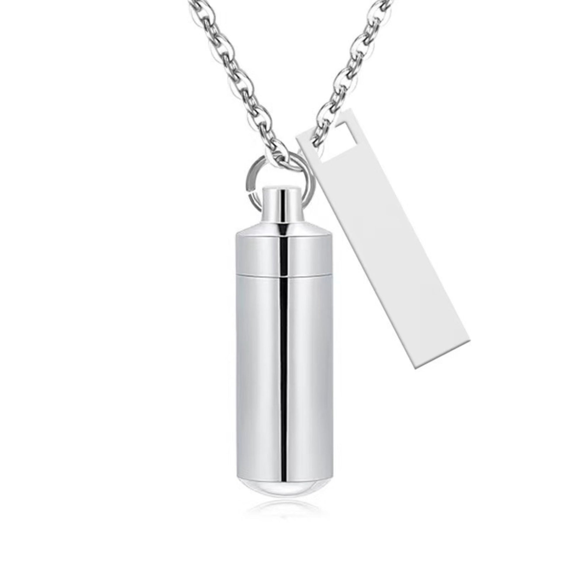 Silver alloy capsule pet urn necklace with matching black tag on silver chain front view