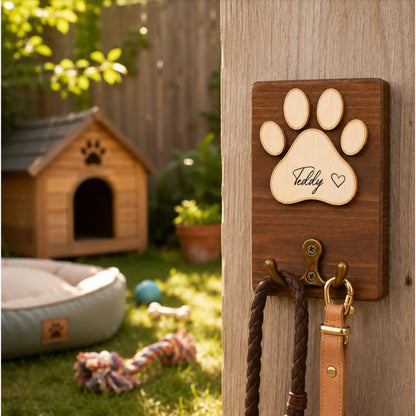 Personalized Wooden Dog Leash Holder with Paw Print & Custom Name