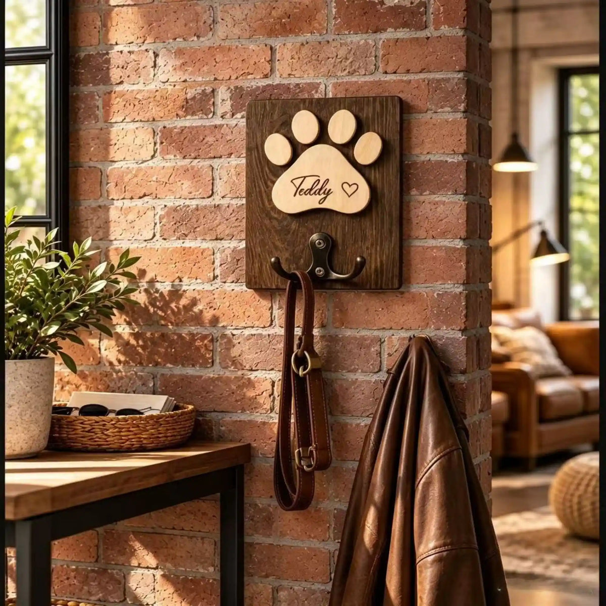 Dark wood-finish paw-print leash holder engraved Teddy with a heart, mounted on an interior brick wall