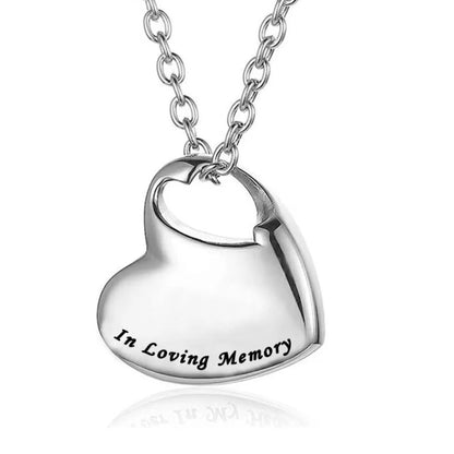 Front close-up view of the polished silver  in loving memory ashes necklace made of medical-grade 316L steel.