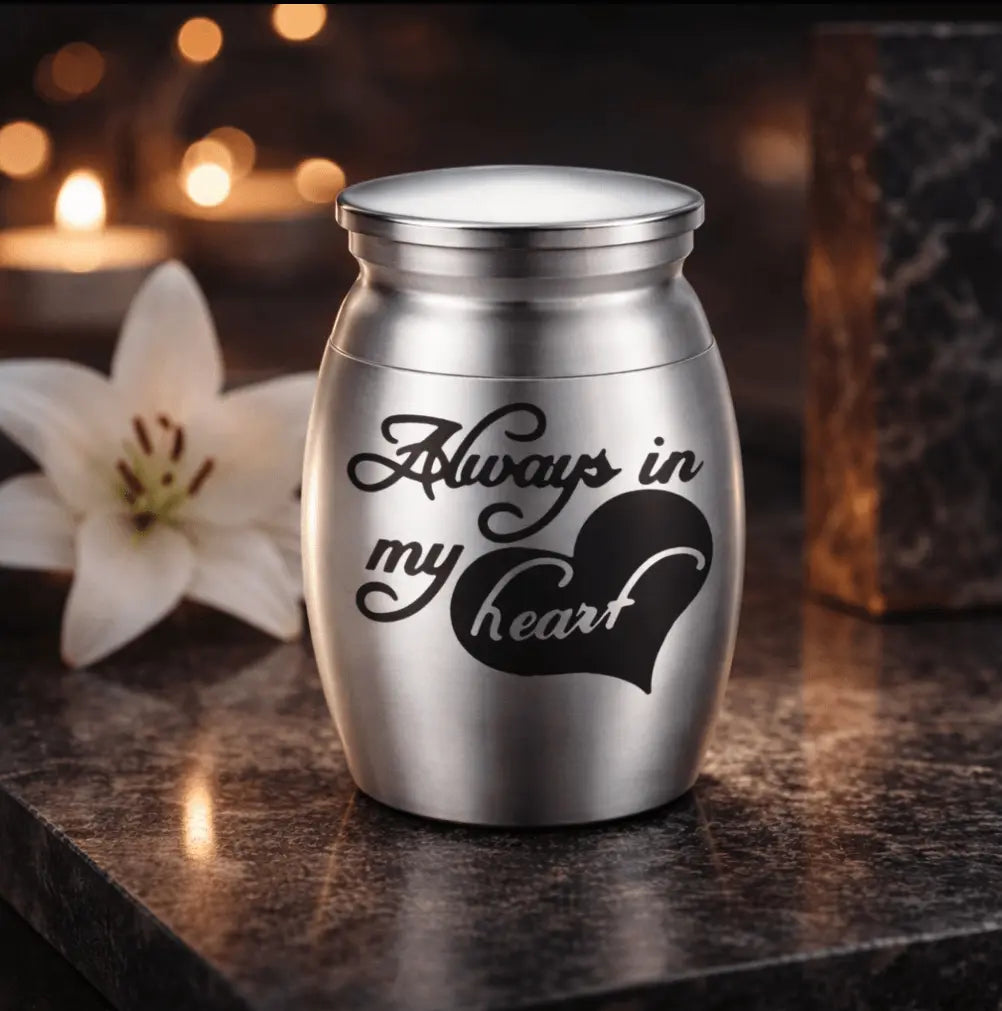 Silver  pet keepsake urn displayed on a table beside candles and follow