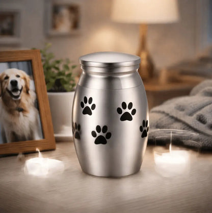 A premium stainless steel mini pet urn with paw prints placed next to a dog photo frame and burning candles in a warm home memorial corner.