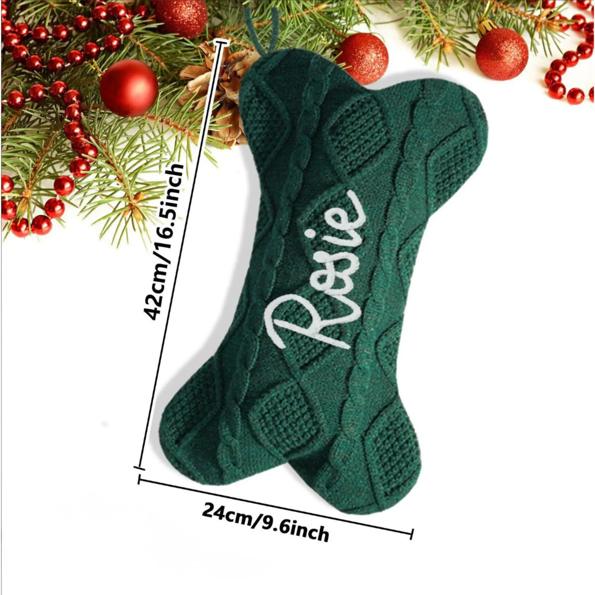Dog bone Christmas stocking size showing 16.5 x 9.6 inches