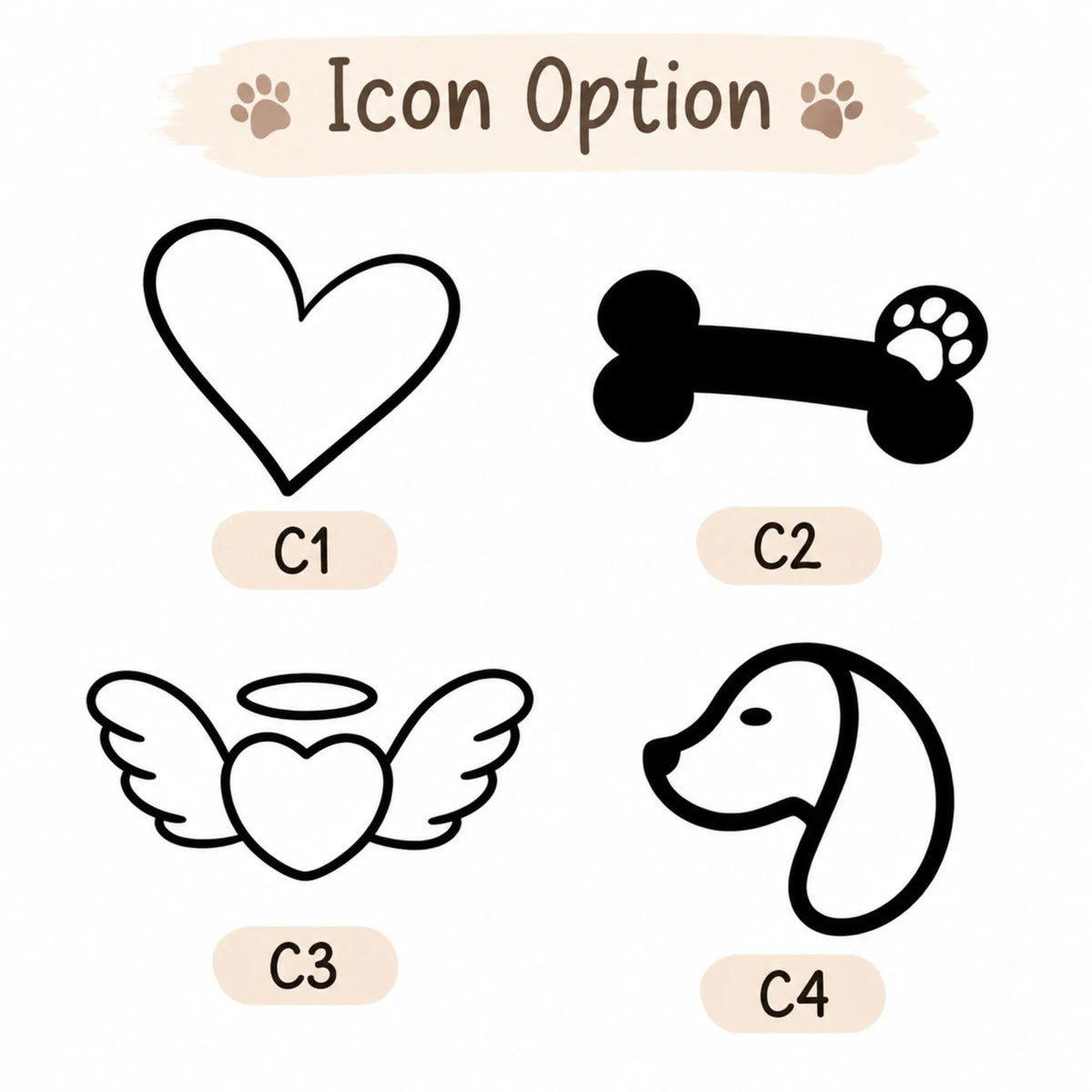 Four engraving icons: heart, bone with paw print, winged heart with halo, and dog profile