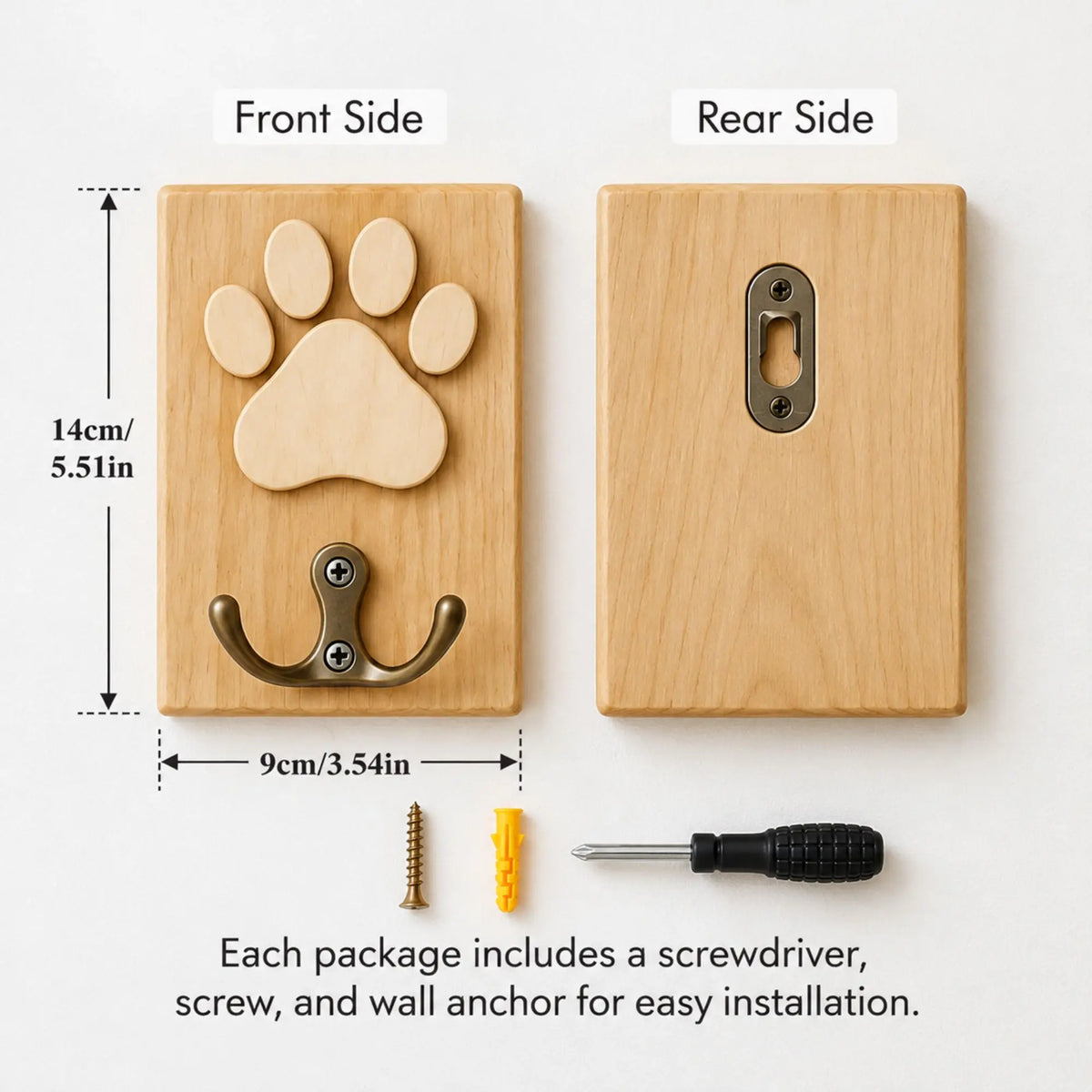 Front and back of a paw-print leash holder with keyhole hanger, mounting screw, wall anchor, and screwdriver
