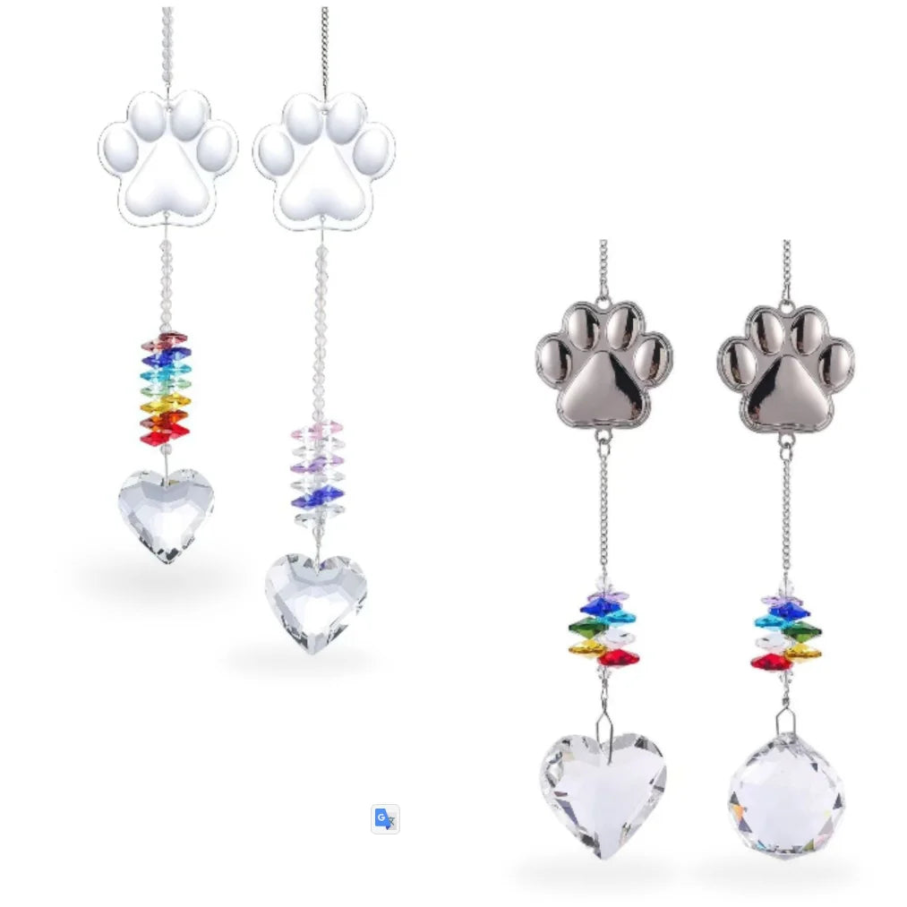 Four style variants of the dog paw crystal prism suncatcher showing heart and ball prisms.