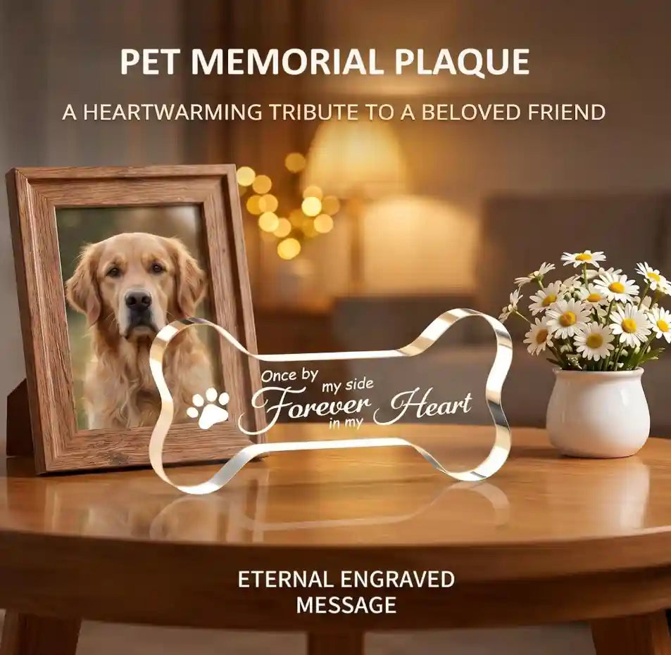 A dog remembrance bone plaque next to a golden retriever photo frame.