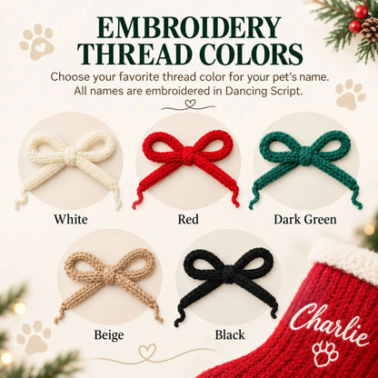 Embroidery thread colors for personalized dog stockings in white, red, dark green, beige and black