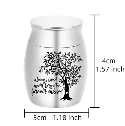 Size specifications of the miniature dog urns for ashes measuring $4\text{ cm}$ in height and $3\text{ cm}$ in width.