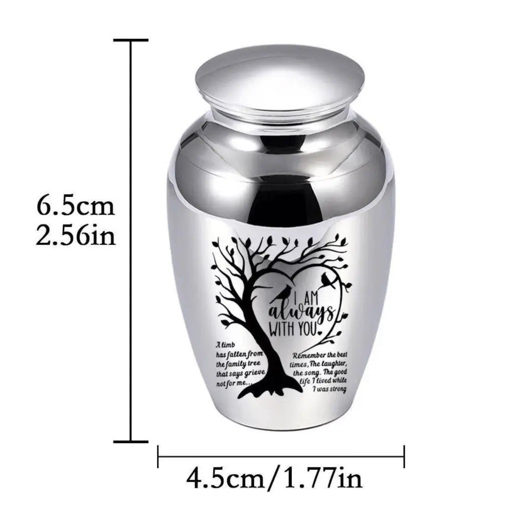 Size metrics of the mini dog urns for ashes measuring 2.56 inches by 1.77 inches.