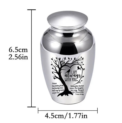 Size metrics of the mini dog urns for ashes measuring 2.56 inches by 1.77 inches.