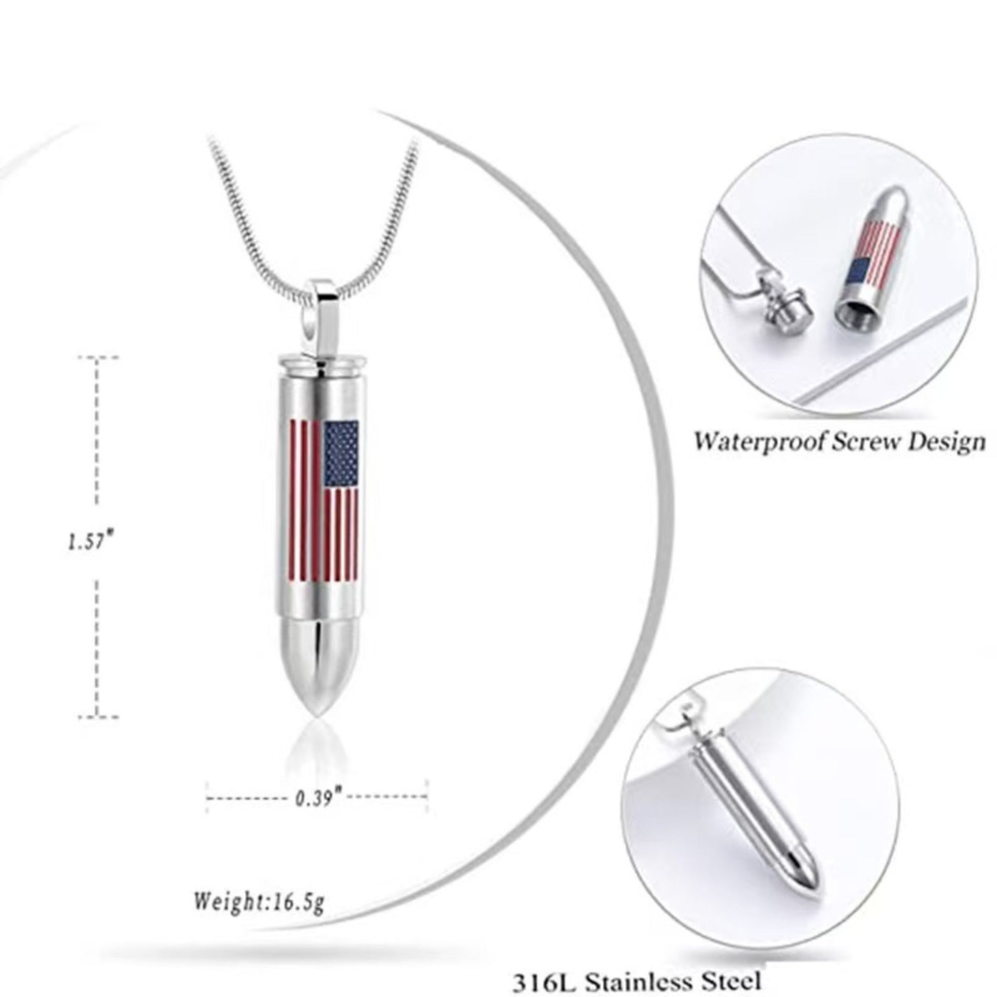 Bullet urn necklace size chart showing 1.57 inch height and 0.39 inch width, 16.5g weight