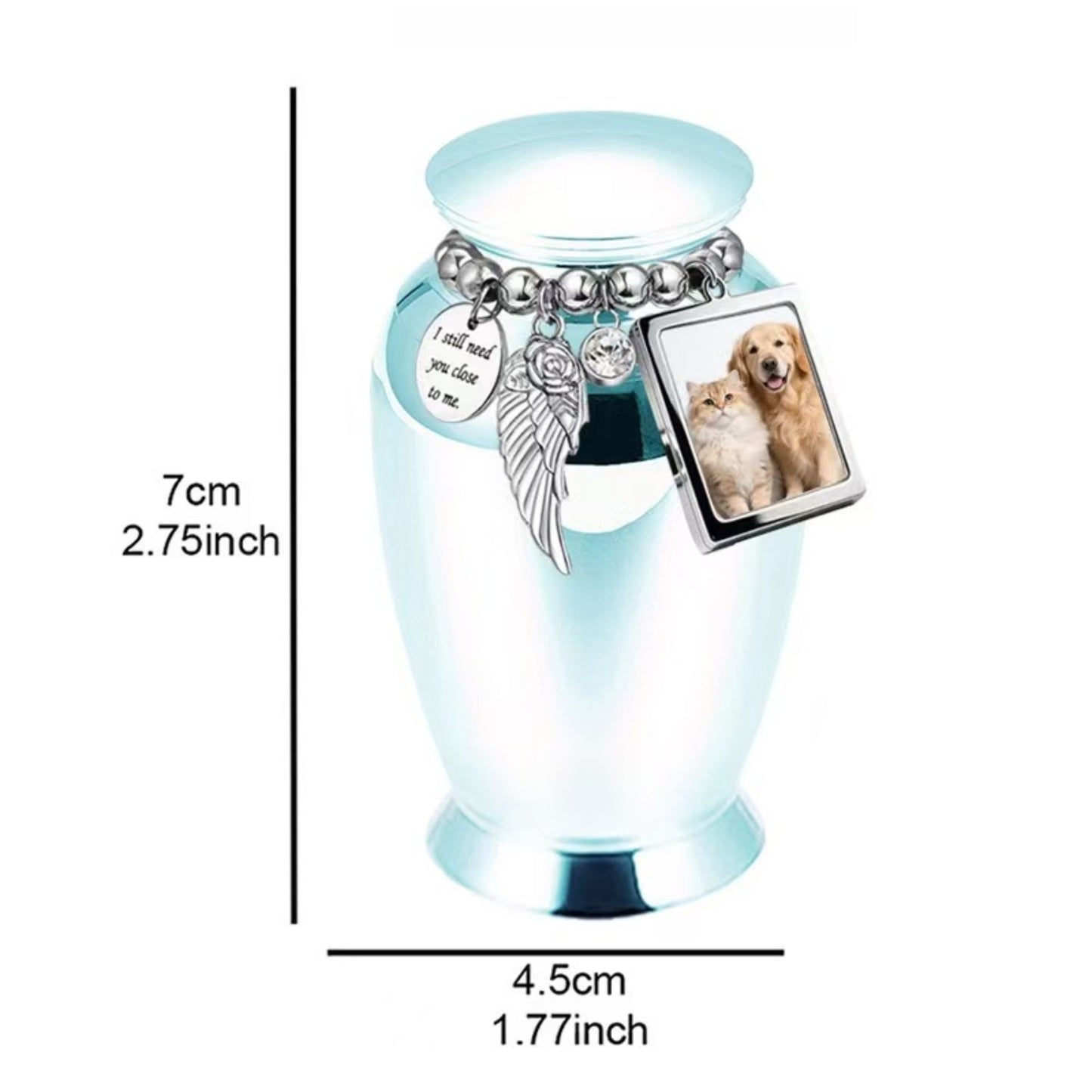 Pet keepsake urn size chart showing 7cm height and 4.5cm width (2.75in x 1.77in)