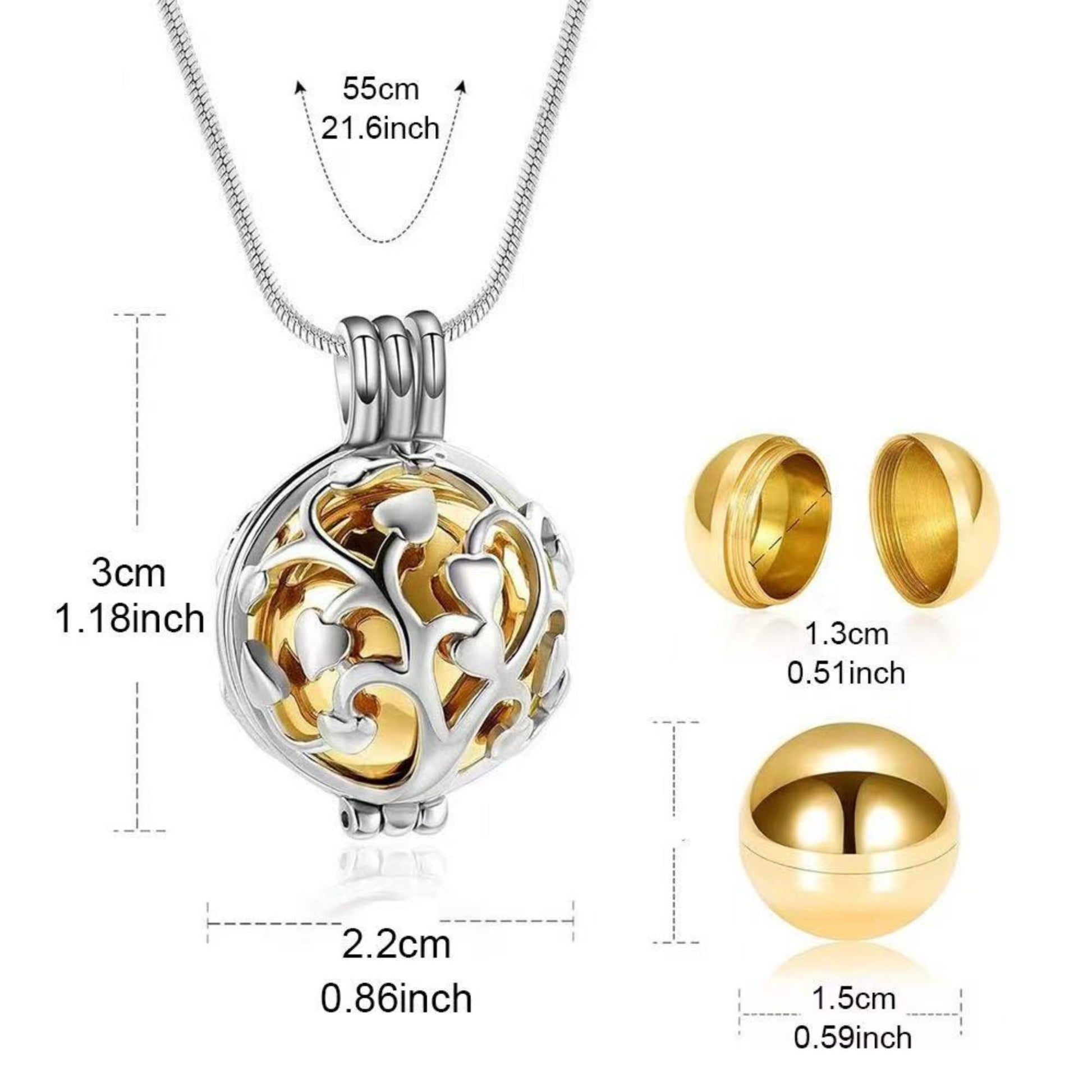 Tree of Life urn necklace size chart showing 55cm chain and 3cm by 2.2cm pendant