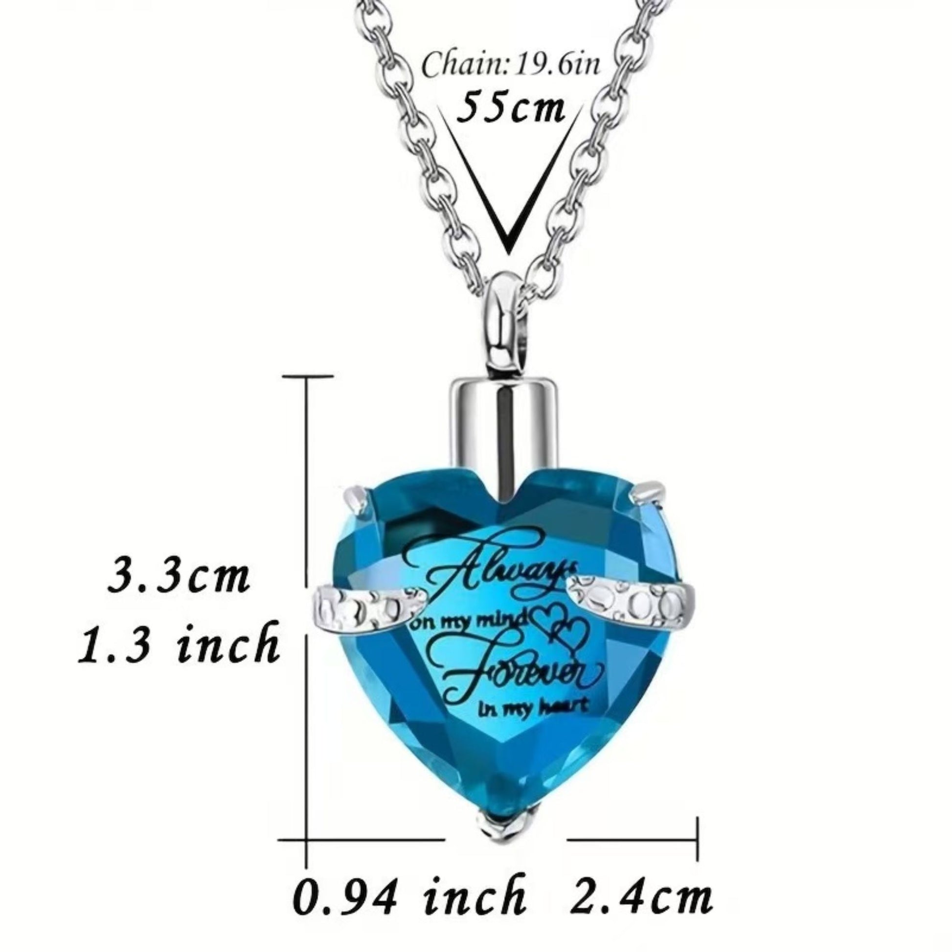 Birthstone Heart urn necklace size guide showing 3.3cm height, 2.4cm width, and 55cm chain length