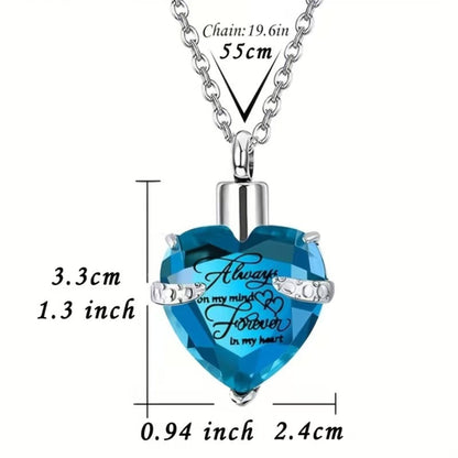 Birthstone Heart urn necklace size guide showing 3.3cm height, 2.4cm width, and 55cm chain length