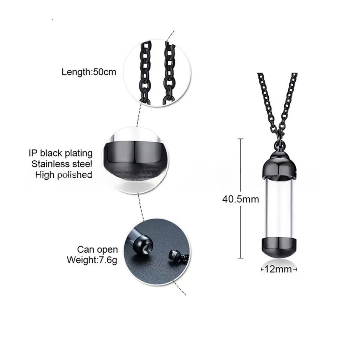 Black clear tube urn necklace size guide showing 50cm chain and 40.5mm x 12mm pendant, screw-open design