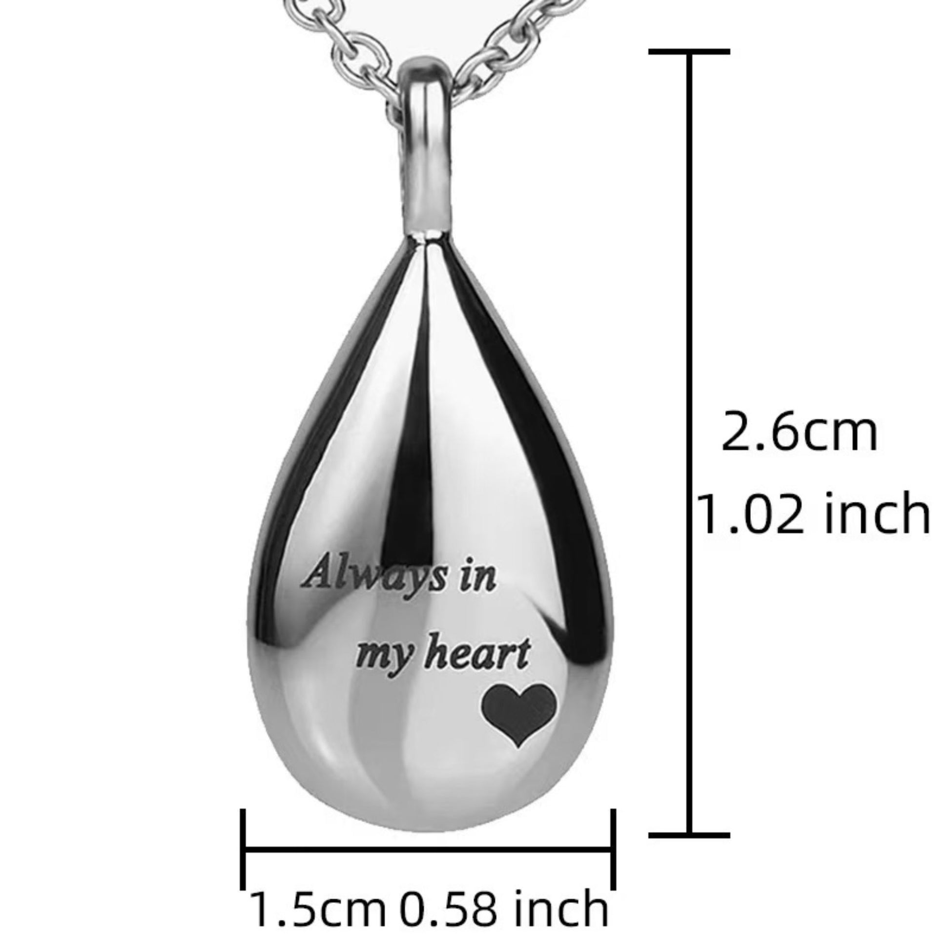 Size chart of teardrop urn pendant showing 2.6 cm height and 1.5 cm width