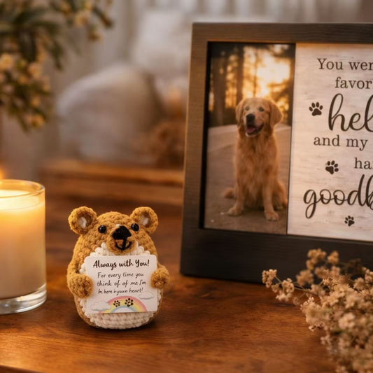 Crochet dog sympathy gift for loss of dog displayed with memorial frame and candle on wooden table, cozy pet remembrance decor scene