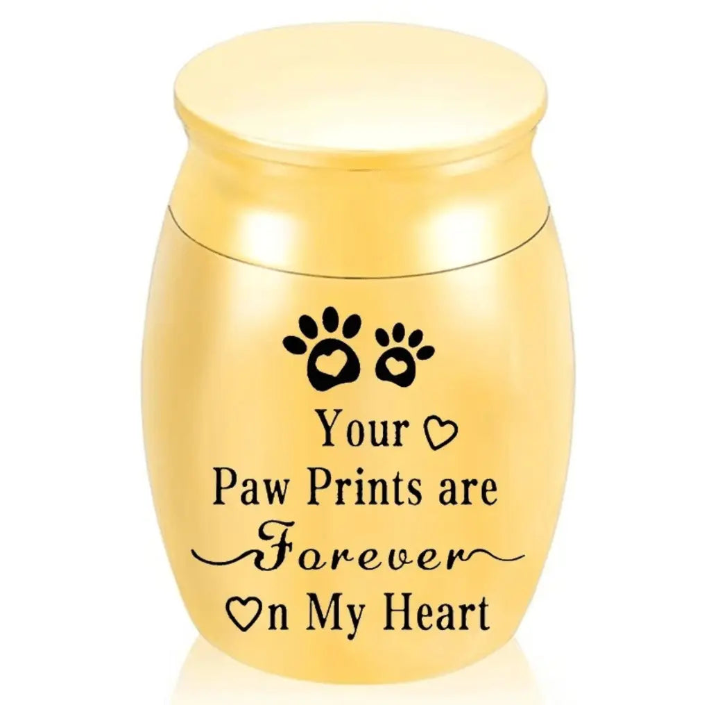 Isolated front view of the silver memorial urns for pets engraved with a heart, paw prints, and forever on my heart text.