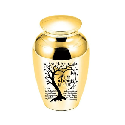 Isolated front view of the premium black stainless steel medium pet urn engraved with a heart shaped tree and birds.