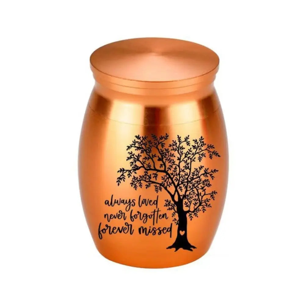Isolated front view of the pink gold memorial urns for pets engraved with a heart shaped tree of life.