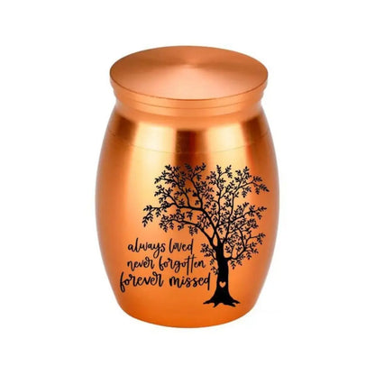 Isolated front view of the pink gold memorial urns for pets engraved with a heart shaped tree of life.