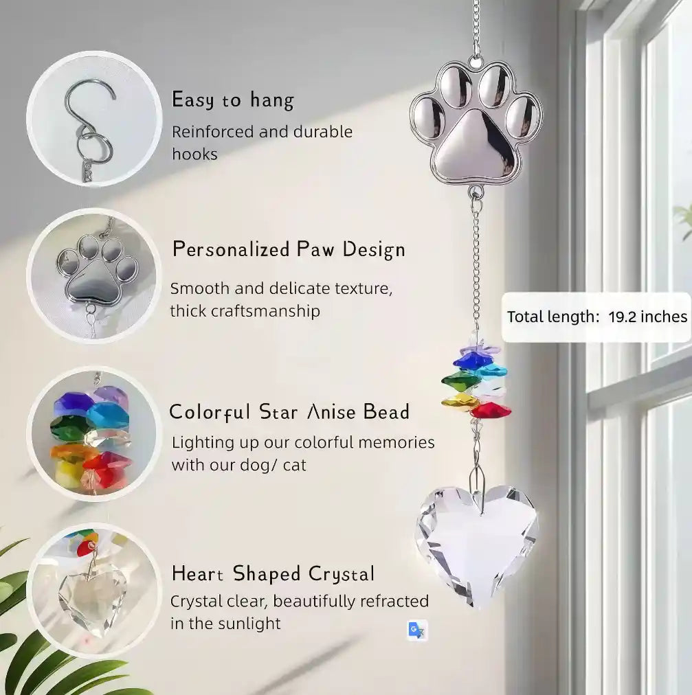 Size and weight chart for the hanging crystal prism suncatcher showing length measurements.