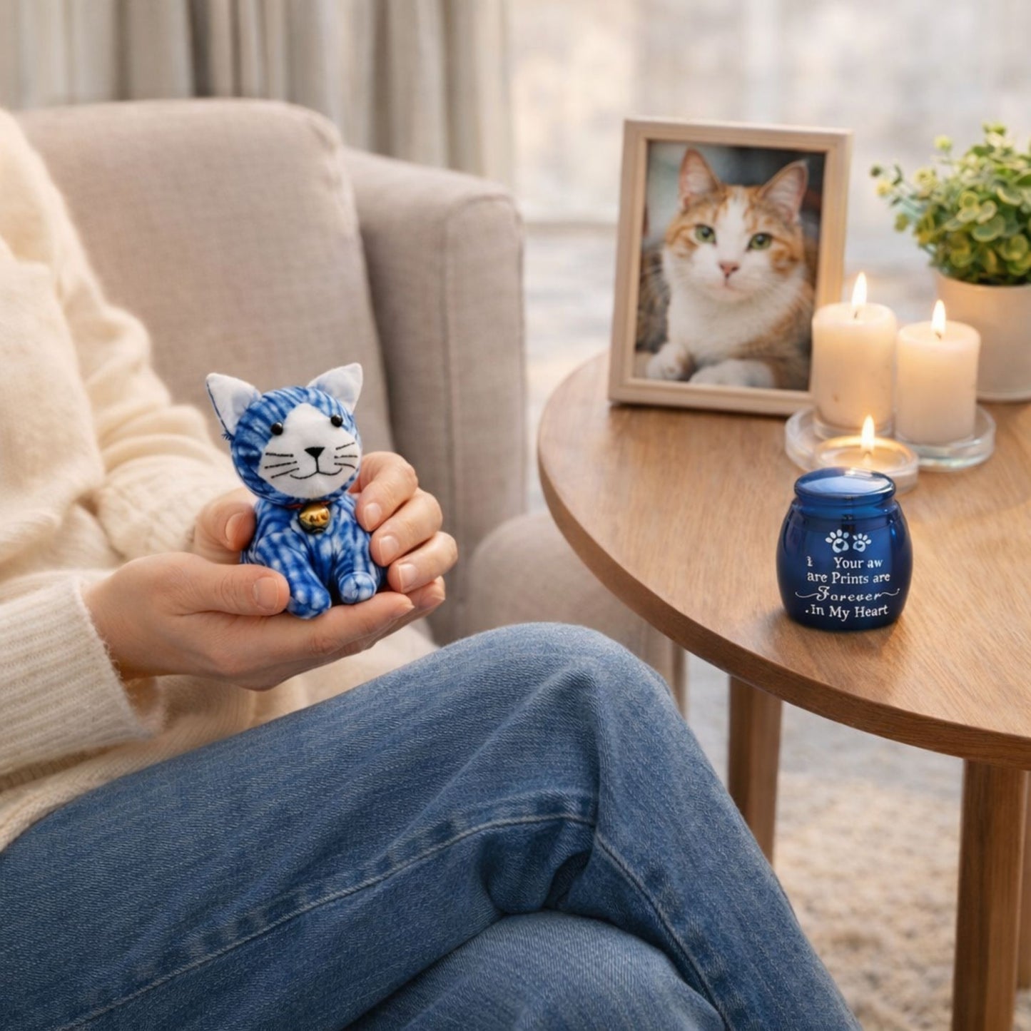 A person holding a small indigo memorial cat plush in their hands next to a burning candle and a framed pet photo