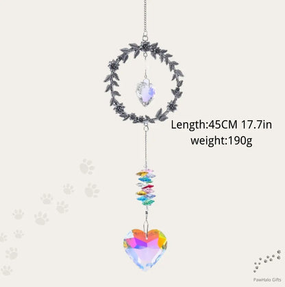 Dimensions and weight specifications chart for the heart crystal prism wreath suncatcher.

