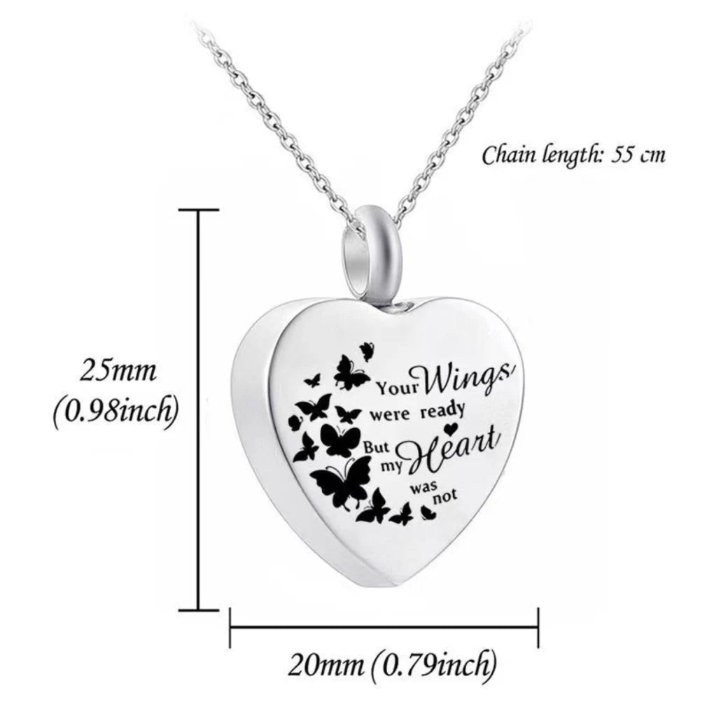 Dimensions chart of the heart pet cremation urn necklace showing pendant size and chain length.