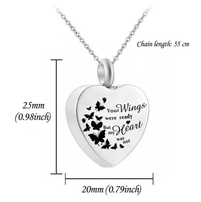 Dimensions chart of the heart pet cremation urn necklace showing pendant size and chain length.