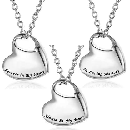 Three tarnish-free 316L stainless steel heart urn necklaces engraved with Always in My Heart, Forever in My Heart, and In Loving Memory.