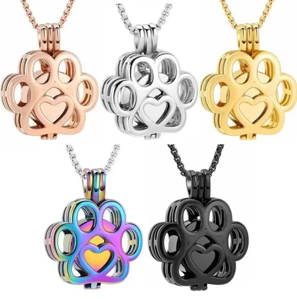 Hollow paw print urn necklace in five colors (silver, gold, rose gold, black, rainbow), openable pet memorial keepsake pendant