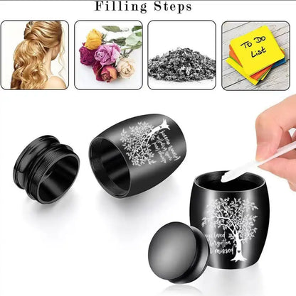 Infographic detailing the filling steps of pet urns for cremation with hair, dried flowers, and ashes using a spoon tool.