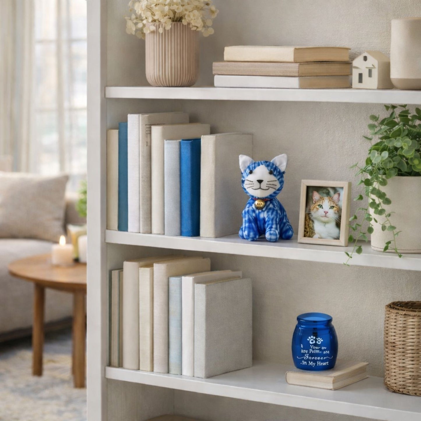 An indigo memorial cat plush and a blue pet urn displayed beautifully on a white bookshelf next to vintage books and a photo frame