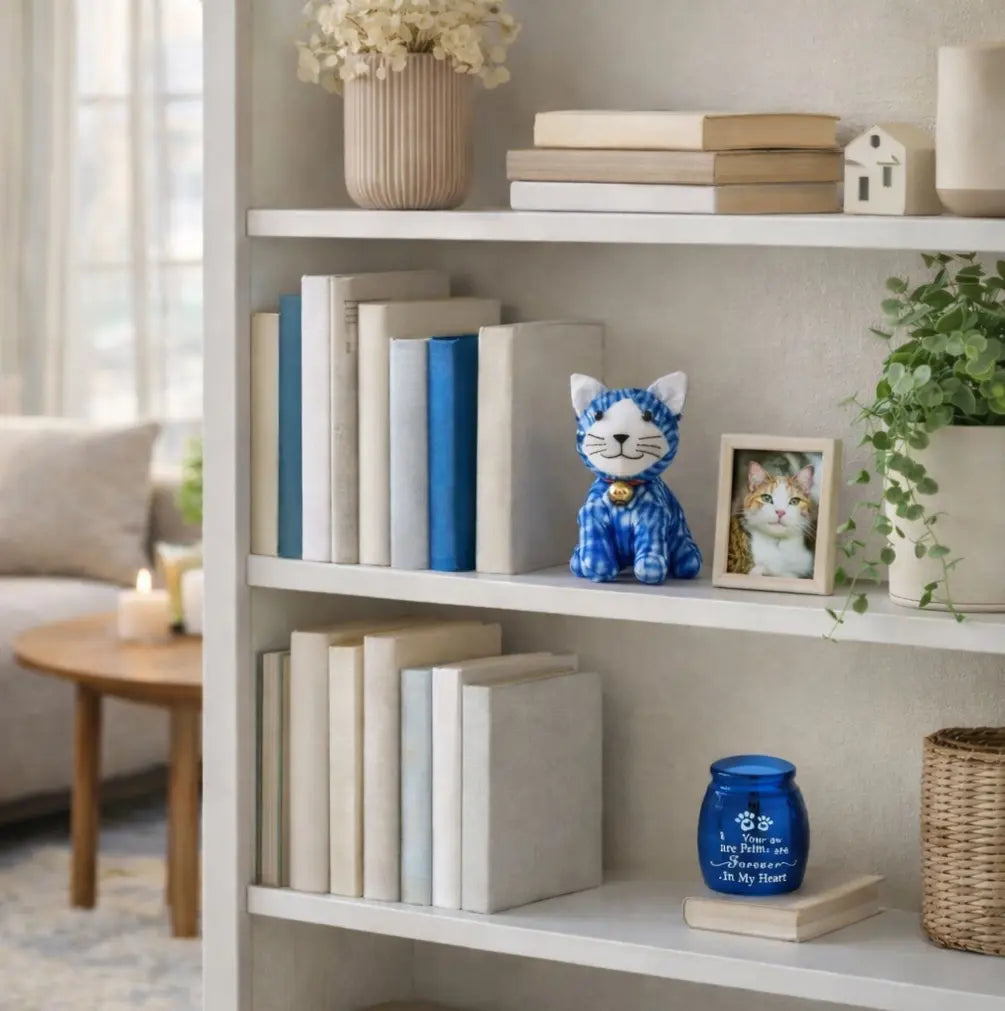 An indigo memorial cat plush and a blue pet urn displayed beautifully on a white bookshelf next to vintage books and a photo frame