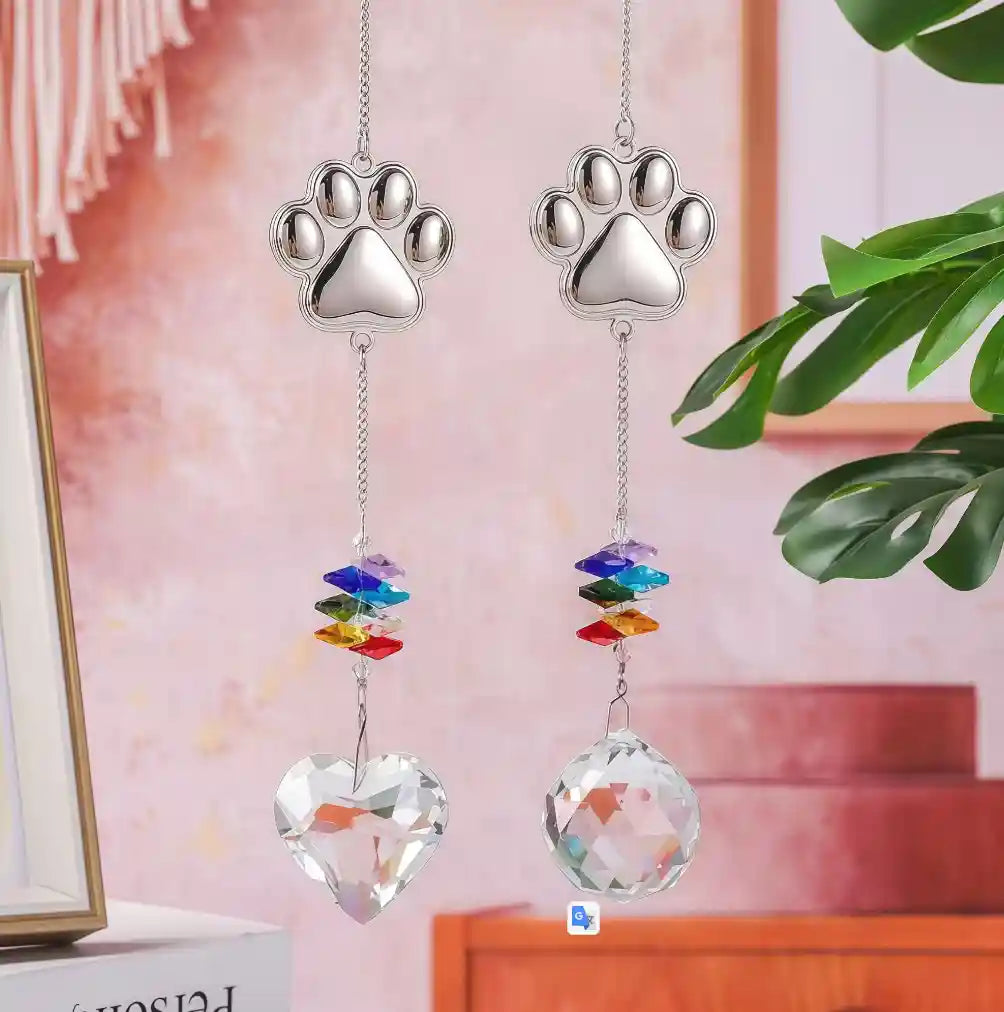Silver metal dog paw crystal suncatcher with rainbow beads, heart prism, round prism