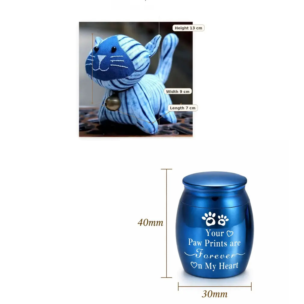 Dimension specifications showing the 13cm tall tie-dye cat plush and the 40mm tall miniature pet urn for ashes.