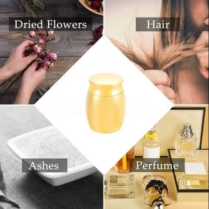 Infographic demonstrating memorial contents including dried flowers, pet hair, ashes, and perfume for the keepsake urn.