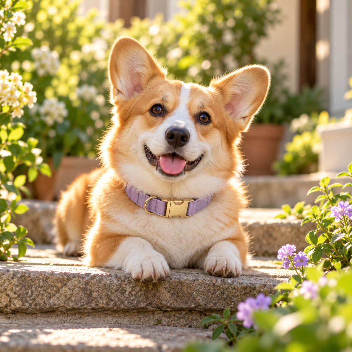 Corgi wearing a lavender velvet dog collar while resting in a garden