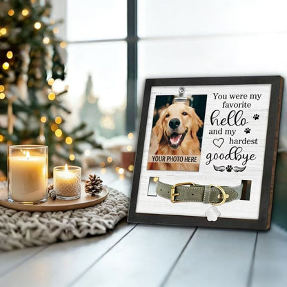 Pet Memorial Collar Frame Front View with photo clip and collar holder, heartfelt dog memorial and pet remembrance display for loss of dog
