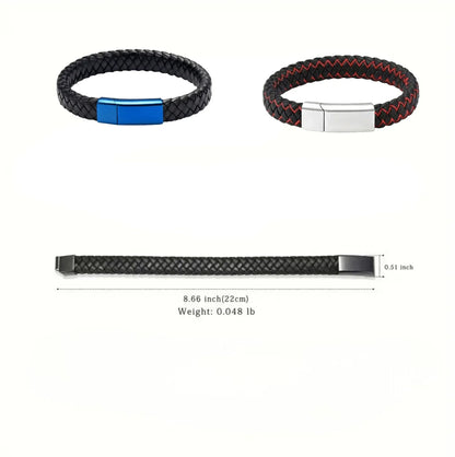 Size and measurement specifications for the mens ashes urn bracelet, showing 8.66 inches length, 0.51 inches width, and 0.048 pounds weight.