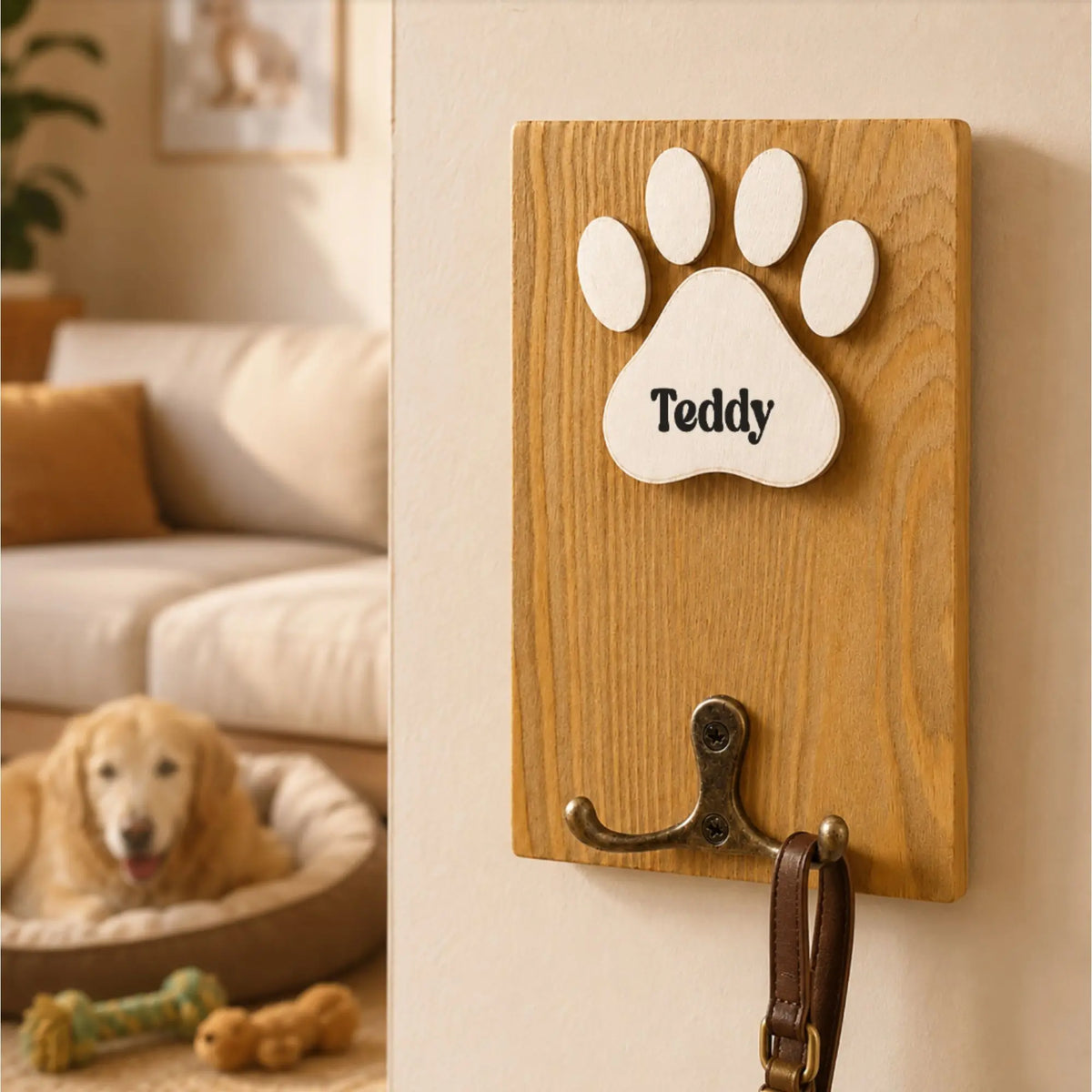 Wooden paw-print leash holder personalized with Teddy in a name-only design