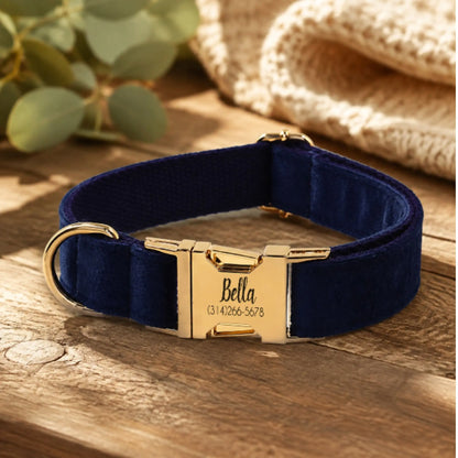 Navy blue velvet dog collar with gold-tone buckle and D-ring on a wooden table