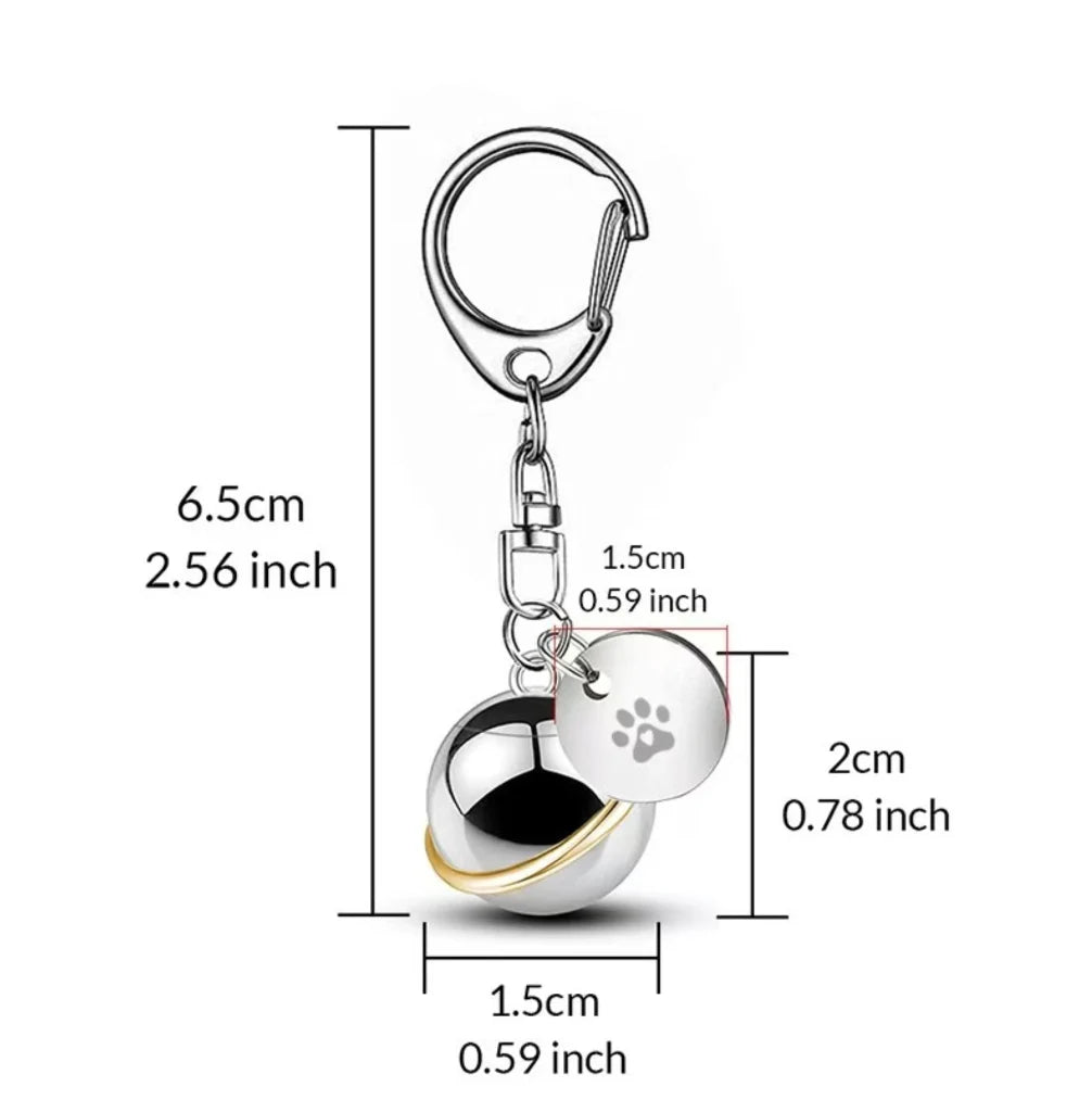 Dimensions measurement chart of the orbit planet pet ashes urn keychain and clasp.